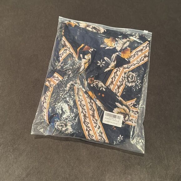 Women V-Neck Bohemian Navy Floral Print Short Summer Dress Cover Up Size XL NEW - Picture 14 of 14